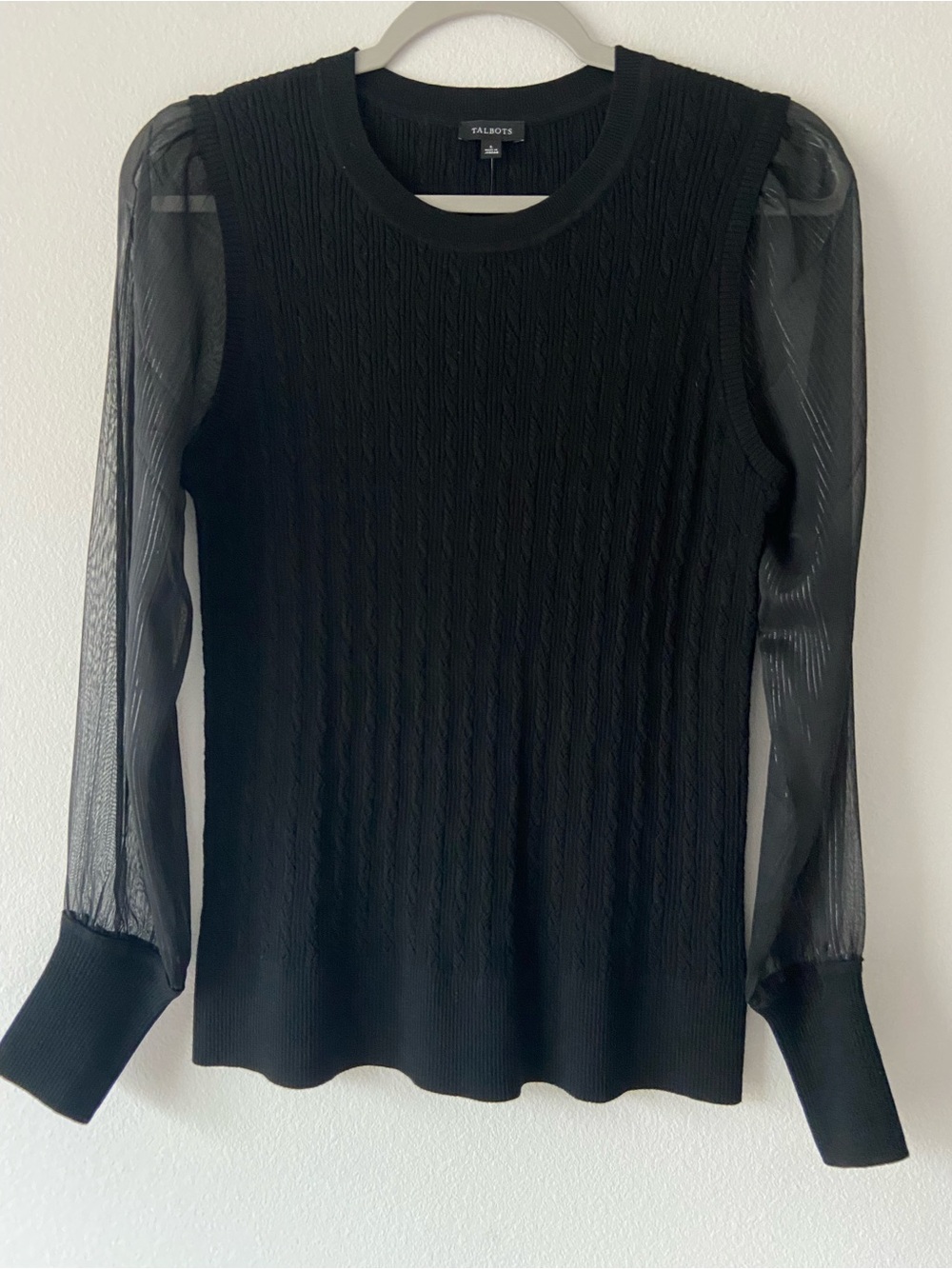 NWT Talbots Black Cable Knit Sheer Sleeve Sweater Top Size S